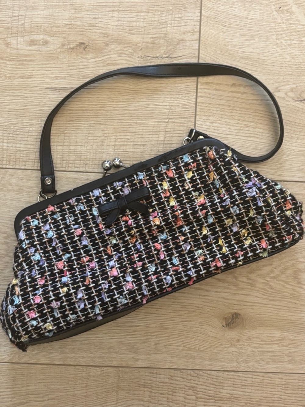 Black Multicolor Tweed Shoulder Bag with Bow Accent Kisslock Clutch Bag